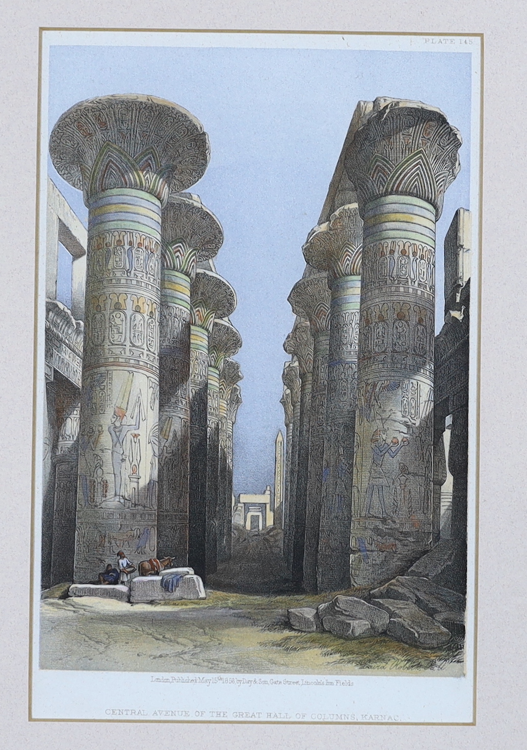 David Roberts (Scottish, 1796-1864), colour lithograph, 'Central Avenue of the Great Hall of Columns, Karnac', publ. Day & Son, 15th May 1856, 23 x 14cm
